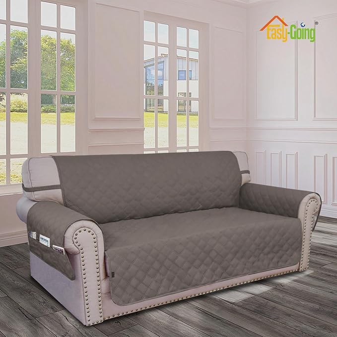 Easy-Going Waterproof Oversized Loveseat Covers Leakproof Couch Cover for 2 Cushion Couch Sofa Cover Washable Sofa Slipcover Non-Slip Furniture Protector with Pocket for Pets (Medium-XL, Taupe)