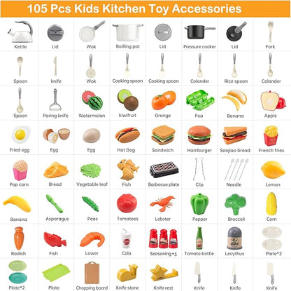 105Pcs Kids Kitchen Toy Accessories, Toddler Pretend BBQ Camping Cooking Playset, Play Pots, Pans, Utensils Cookware Toys, Play Food Set, Vegetables, Learning Gift for Girls Boys