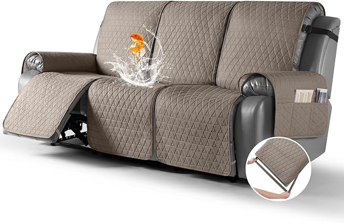 TAOCOCO 100% Waterproof Recliner Sofa Cover-Non Slip Split Couch Covers for Reclining Couches with Elastic Straps,Couch Covers for 3 Cushion Couch Sofa Pet Friendly(Taupe, 3 Seater)