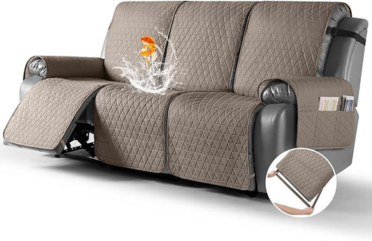 TAOCOCO 100% Waterproof Recliner Sofa Cover-Non Slip Split Couch Covers for Reclining Couches with Elastic Straps,Couch Covers for 3 Cushion Couch Sofa Pet Friendly(Taupe, 3 Seater)
