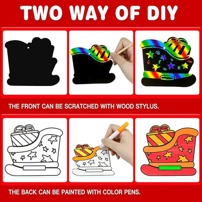Max Fun Christmas Crafts Scratch Art for Kids, 48PCS Magic Rainbow Scratch Off Paper Cards, Christmas Ornaments Hanging Art for Kids Party Favors Supplies, Stocking Stuffers Educational Toys