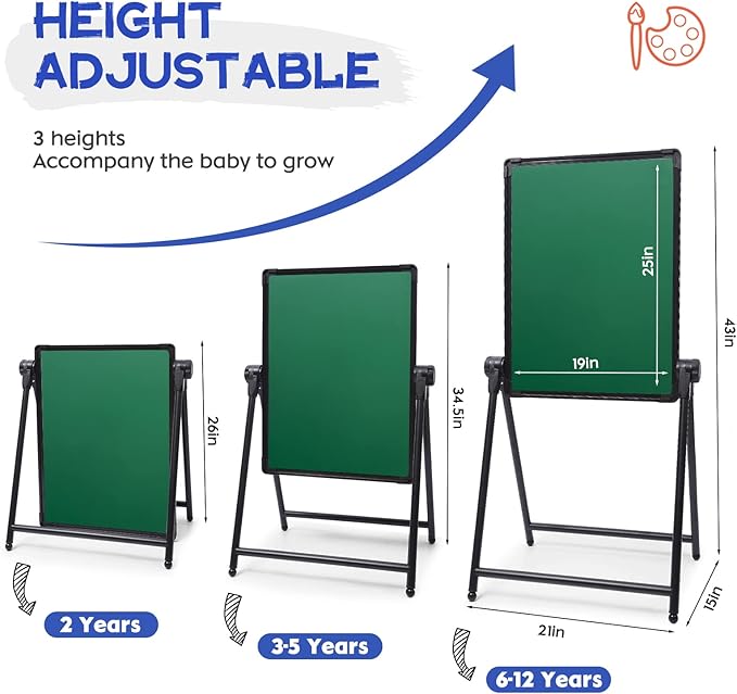 Kids Art Easel Double-Sided Easel Designed with Height Adjustable Function & Large Storage Bag Whiteboard & Chalkboard 360°Rotating Kids Drawing Easels for Kids Toddlers (26inch-43inch)