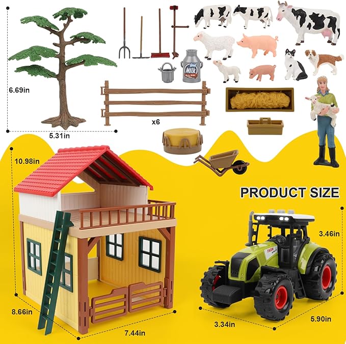 Farm Animals Figurines Toys Playset- Animal Barn House Toy Set,Tractor,Farmer,Fence,Easter Birthday Gifts for Girls Boys Toddlers Kids Ages for 3-7 Years Old