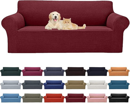 2025 New Stretch Oversized Sofa Slipcovers Couch Sofa Cover for 4 Seater Furniture Protector Covers with Elastic Bottom Jacquard Fabric Small Checks for Pets, Kids - Dark Red