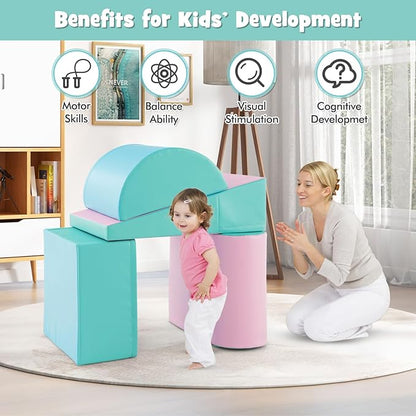 HONEY JOY 5-Piece Climb and Crawl Playset, Soft Climbing Foam Block Activity Play Structure Gym Equipment for Infant Baby, Color Coordination, Waterproof Indoor Climbing Toys for Toddlers (Green)