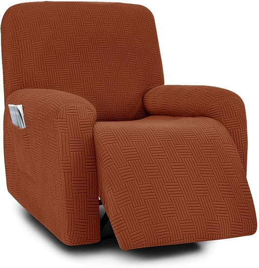 NILUOH Recliner Cover 4 Pieces Stretch Jacquard Recliner Chair Cover with Side Pocket Anti-Slip Fitted Washable Reclining Chair Protector with Elastic Bottom for Kids, Pets, Dogs