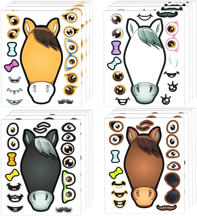 24 Make A Horse Sticker Sheets - Includes Brown, Black, & White/Grey Horses - Fun Craft Activity for Children - Perfect Party Favors for Horse, Petting Zoo & Barn Themed Birthday Parties