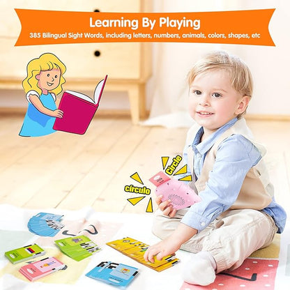 Bilingual English & Spanish Flash Cards for Toddlers, Audible Toys Learning Spanish for Kids Adults, Speech Therapy Toys, Educational Learning Talking Flash Cards 385 Sight Words-Pink