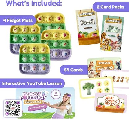 The Fidget Game Popplers, Matching Memory Game for Toddlers Early Learning & Educational Fidget Toy, Food & Farm Animals Popping Game, Teacher Must Have for Matching, Sound Recognition and First Words