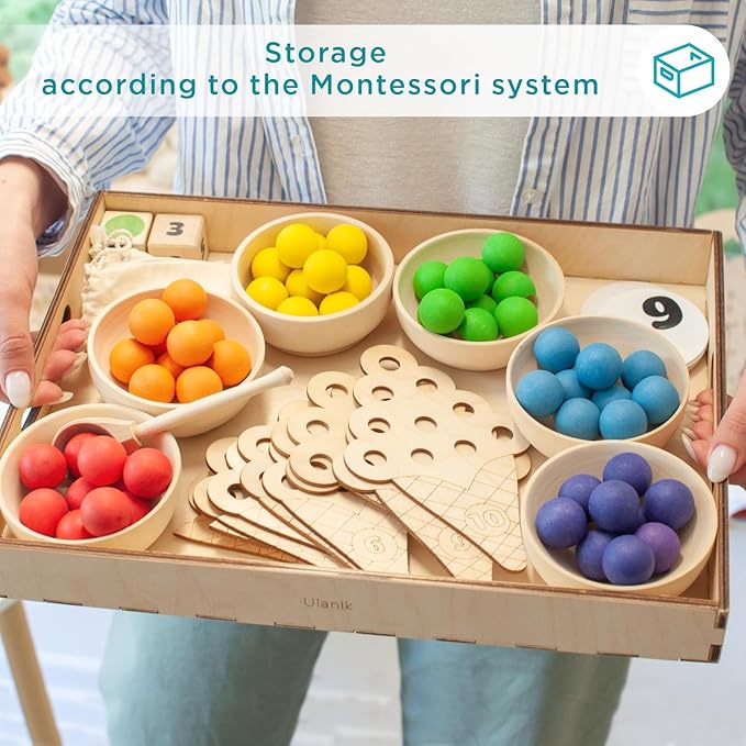 Ulanik Sweet Counting Large Toddler Montessori Toys for 3 Year Old + Kids Wooden Matching Game for Learning Color Sorting and Counting — 60 Balls, 0.98 in