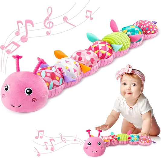 AWOTOY Baby Toys 0-6-12 Months,Infant Musical Stuffed Animals Activity Toys with Muti-Sensory Crinkle,Rattles,Baby Girl Toys Gifts for Newborn Tummy Time,Caterpillar,Pink