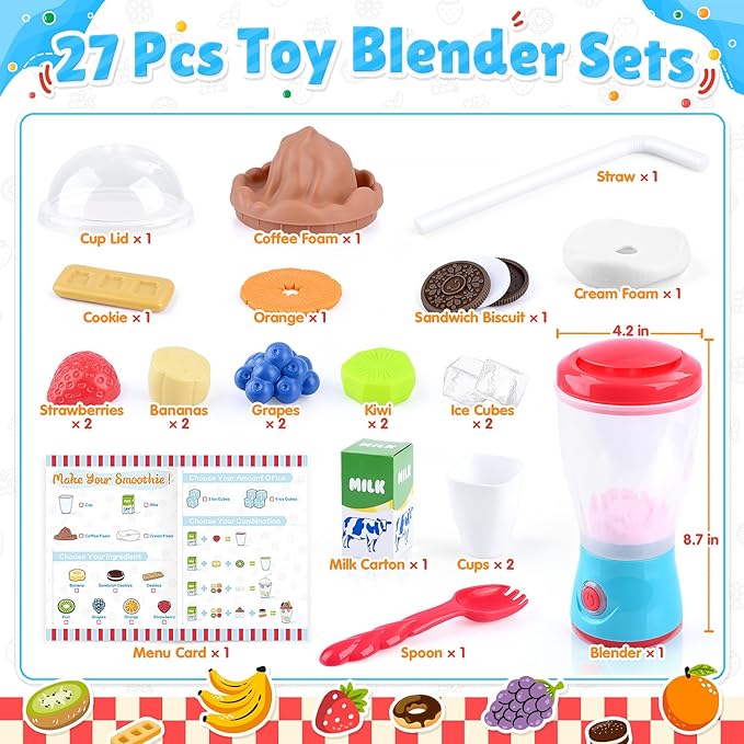 PLAY Smoothie Maker Toy Blender Set - 27 Pcs Pretend Play Kitchen Appliance for Kids with Realistic Action, Light and Sound, Play Toy Food Fruits and Cookies, Toy Mixer Birthday Gift for Kids Ages 3+