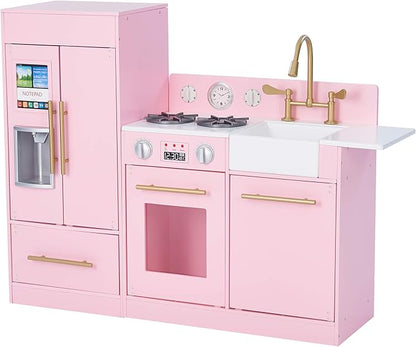 Teamson Kids Little Chef Charlotte 2-Piece Modular Wooden Play Kitchen with Icemaker and Ample Storage, Pink with Gold Hardware