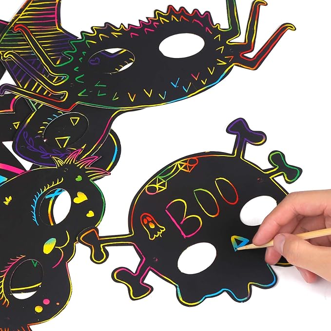 CCINEE 36pcs Halloween Scratch Paper Mask, Magic Scratch Off Art Masks with Elastic Cords and Wood Stylus for Halloween Costume Dress up Party Decorations