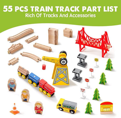 Tiny Land 55PCS Wooden Train Set - Compatible with Major Brand Tracks, Educational Toy for Toddlers & Kids Ages 3-7, Durable Wooden Railway Tracks