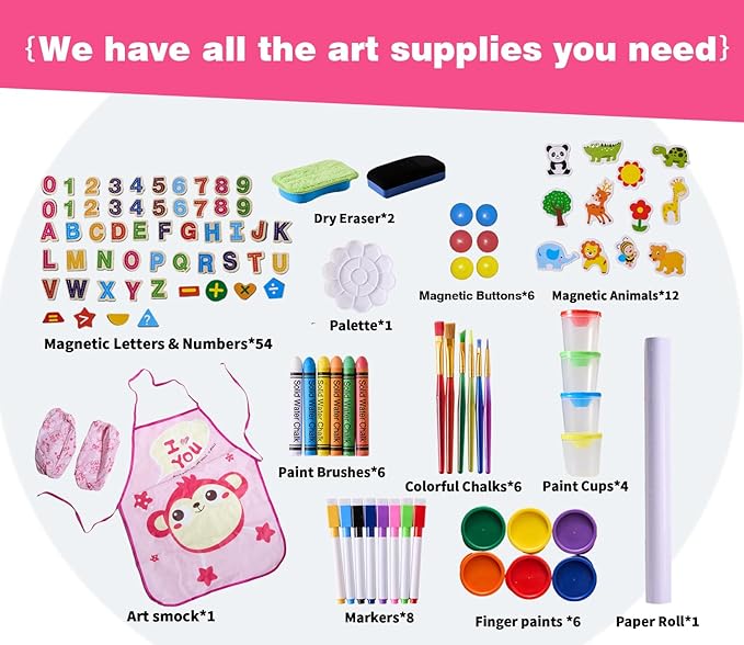 2-in-1 Double Sided Kid's Easel, Height-Adjustable Art Easel for Boys and Girls Ages 3-10, Including 100+ Accessories with Magnetic Chalkboard & Painting Board, Toddler Gifts