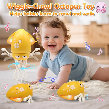 Pbooo Magic Dancing Octopus Toy, Electric Crawling with LED Lights and Music, Rechargeable Music Squid Baby Toy for 3-6 Year Olds, Tummy Time and Toddler Walking Toy, Birthday Gift, Yellow