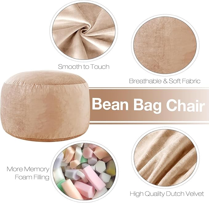 Large Bean Bag Chair: 3 ft Memory Foam Bean Bag Chairs for Adults/Kids,Bean Bag Chair with Fillings,Soft Faux Fur Fabric - Dutch Velvet, Camel, 3 Foot