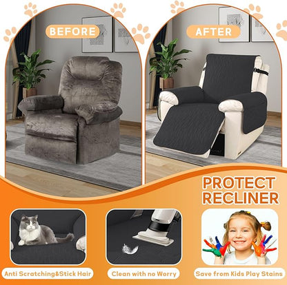 XINEAGE 100% Waterproof Recliner Chair Covers with Elastic Straps, Nonslip Reclining Couch Covers Washable Recliner Couch Cover with Pockets Furniture Protector for Pets Dogs (Black, 23")