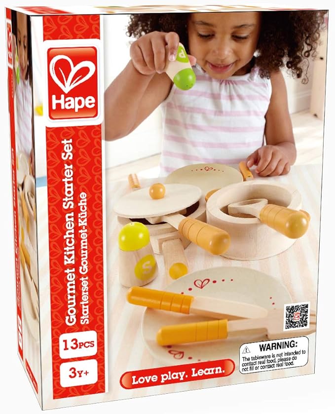 Hape Gourmet Play Kitchen Starter Accessories Wooden Play Set| 13 PCs Pretend Cookware Plates Dishes Play Kitchen Sets for Kids