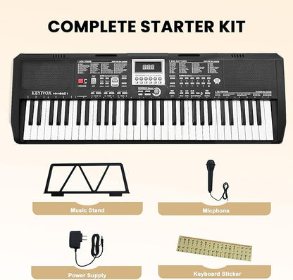 61-Key Electronic Keyboard Piano for Beginners with 200 Tones & Rhythms, Microphone, Learning Features, and Piano Note Stickers