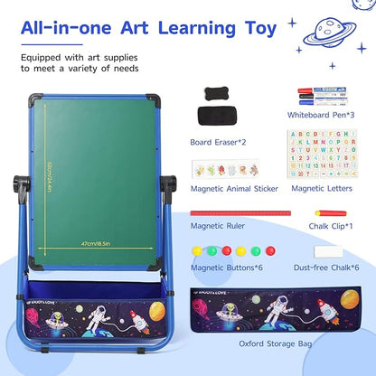 Kids Art Easel with 29.5inch-44inch Height Adjustable Whiteboard&Chalkboard Double Sided Easel 360°Rotating Standing Art Easel for Kids Blue