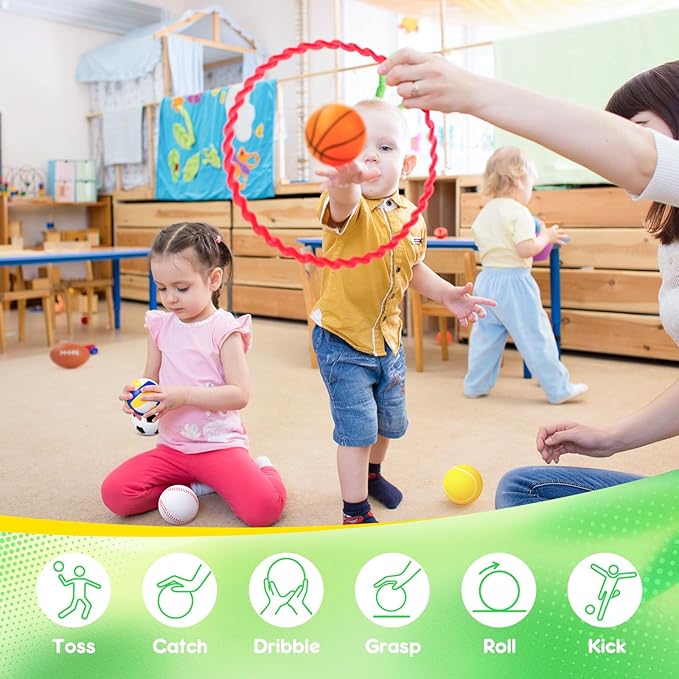 PlayZap 6 Pack Balls for Toddlers Kids, Foam Soft Balls Set, 3.5" Small Soccer Basketball Baseball Football Volleyball Tennis, Indoor Outdoor Sports Toys Gifts for Boys Girls