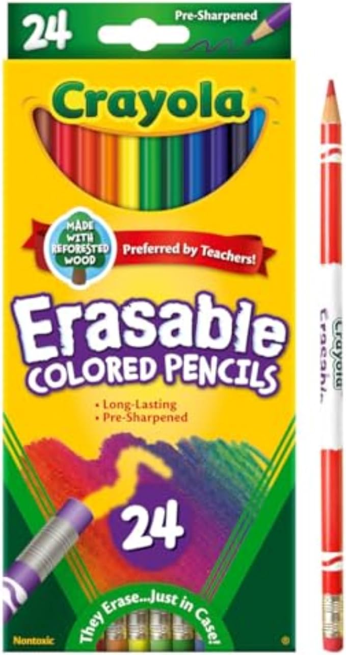 Crayola Erasable Colored Pencils (24ct), Kids Coloring Pencils for Coloring Books, Assorted Colors, Arts & Crafts Supplies, Gifts, Ages 6+