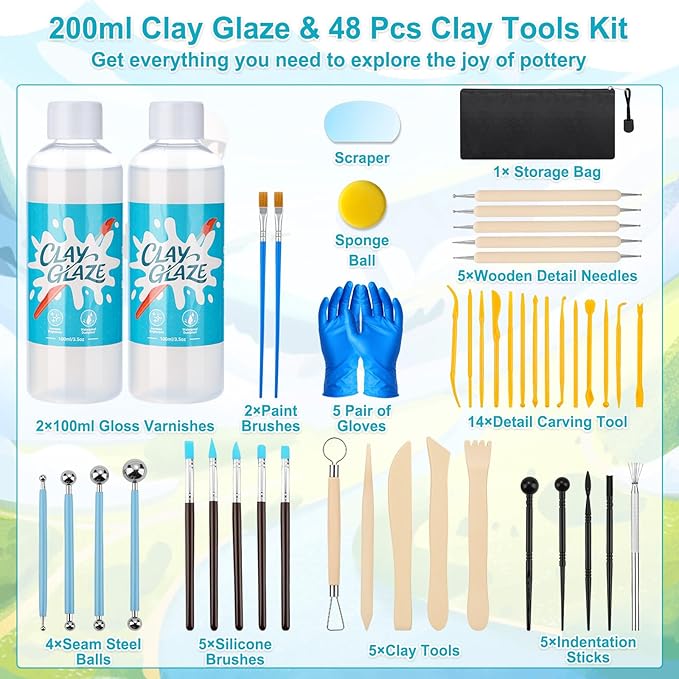 Lezmarket 200ml Air Dry Clay Glaze and 48 Pcs Clay Tools Kit, Provide Gloss Finish, Gloss Varnish Protects Clay from Surface Wear, Pottery Tools Can be Used for Sculpting, Molding Clay Crafts