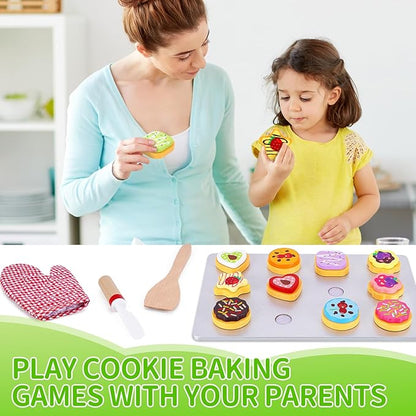 Slice and Bake Wooden Cookie Play Food Set for Kids Kitchen - Toy Food Accessories - Kids Pretend Cookies and Baking Sheet, Toy Baking Set for 3+ Year Old Boys Girls Birthday Gifts