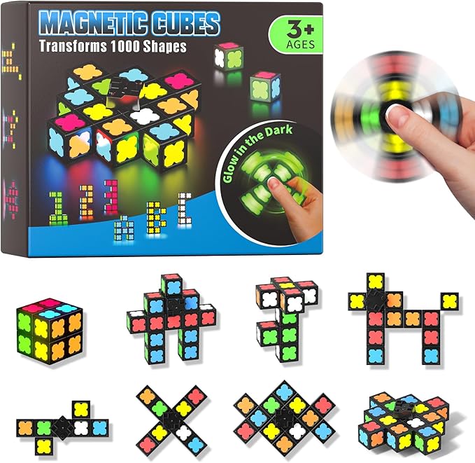 Magnetic Fidget Spinner Mini-13 Blocks, Glow Magnet Cube & Transformable Fidget Spinner & Infinity Cube & 2x2x2 Cube-4 in 1 Toy, STEM Magnetic Tiles Stress Relief Sensory Gift for Kid Boy Girl Adult