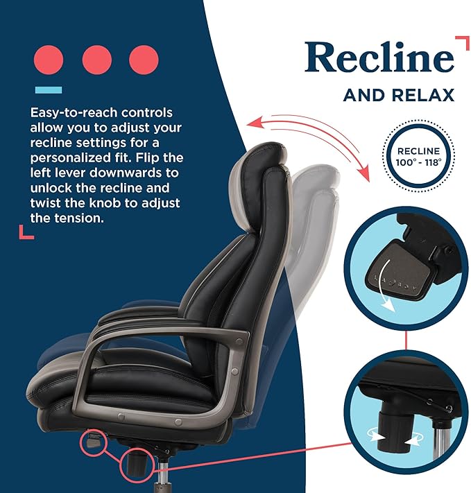 La-Z-Boy Nova Vegan Leather Modern Executive Ergonomic Design Office Chair, Memory Foam Thick Contoured Seat Back with Patented Lumbar Support Technology, Soft to Medium Sit Comfort, Black