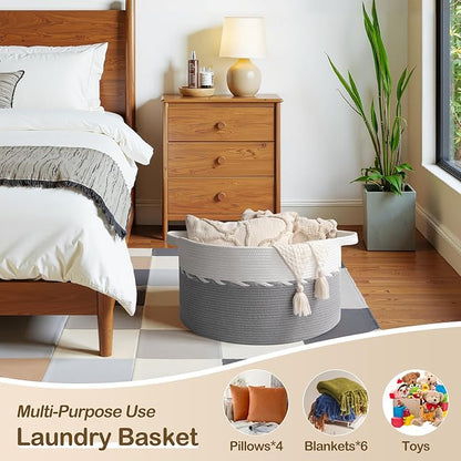 OIAHOMY 90L Blanket Basket for Living Room, Large Basket 23" x 23" x 13" with Handle, Laundry Hamper for Blankets, Pillows, Toy Storage for Kids, Dogs - Grey & White