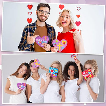 24 Sets Valentine's Day Religious Craft Kit Jesus Loves Me Sand Art Heart Crosses Painting Kit with Colored Sand Brushes Valentine Christian for Valentine Gift Sunday School DIY Activities