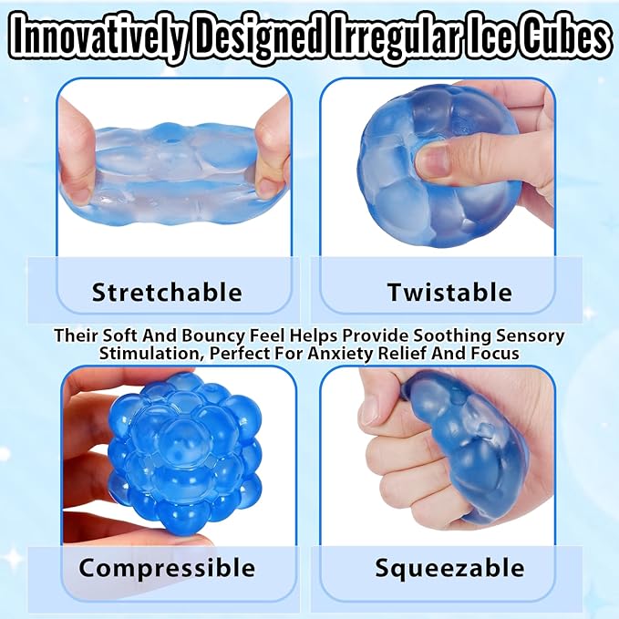 Ice Cube Squishy Fidget Toy, Standard Size 1.96 in Stress Ball for Adults and Kids, Puffwize Soft Textured Sensory Toy with Irregular Shape for Anxiety Relief and Improving Focus(Blue)