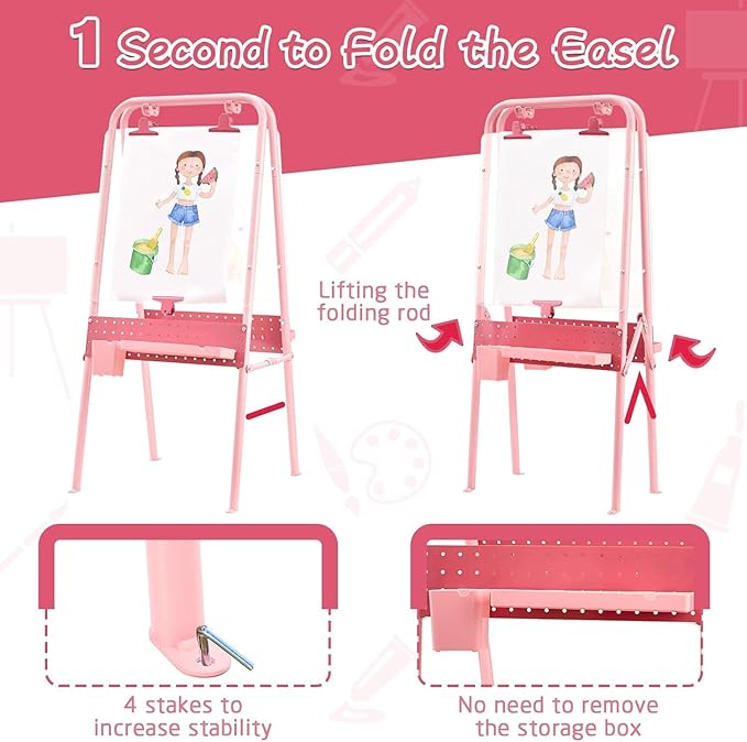 FUNLIO Foldable Outdoor Easel for Kids Aged 3+, Double-Sided Kids Easel with 2 Acrylic Boards & 21 pcs Accessories, Waterproof & Sunproof Art Easel for Kids, Portable & Stable - Pink