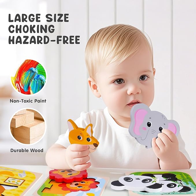 Wooden Puzzle for Toddler 1-3, 9 Pcs Toddler Puzzle Ages 2-4, Baby Animal Puzzle for Toddler, Montessori Puzzles Toys for 1 2 3 Year Old Boy Girl, Learning Educational Puzzle Toy(9 Pcs)