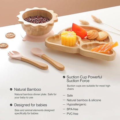 Bamboo Suction Plates Bowls Set for Baby Toddler Divided Platter Food bowl with Silicone Fork & Spoon All-Natural Baby Feeding Set for Baby-Led Weaning, Non-Slip Design