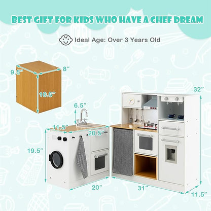 HONEY JOY Kids Kitchen Playset, 2-Piece Modular Wooden Corner Toy Kitchen Set/Washing Machine & Sink, Coffee Maker, Range Hood & Stove, Stool, Little Chef Pretend Play Kitchen for Toddlers, Natural