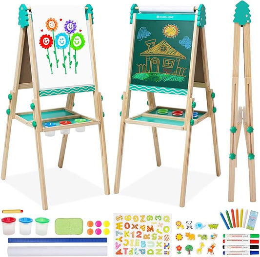 Kids Wooden Easel Foldable Double Sided Whiteboard Blackboard Children Art Easel with Storage, Height Adjustable Easel for Boys Girls Painting and Writing (with Gift Packs)