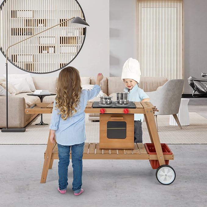 HONEY JOY Mud Kitchen with Umbrella, Wooden Rolling Mud Table Cart, Toddler Outdoor Kitchen Playset, Sink, Faucet, Planting Pots, Utensils, Storage Cabinet, Mud Kitchen for Kids Outdoor with Wheels