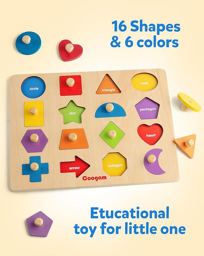 Coogam Montessori Toy Wooden Shape Peg Puzzle, Fine Motor Color Matching Sorting Board, Early Learning Educational Activity Toy Gift for Preschool Toddler Baby 3 4 5 Year Old