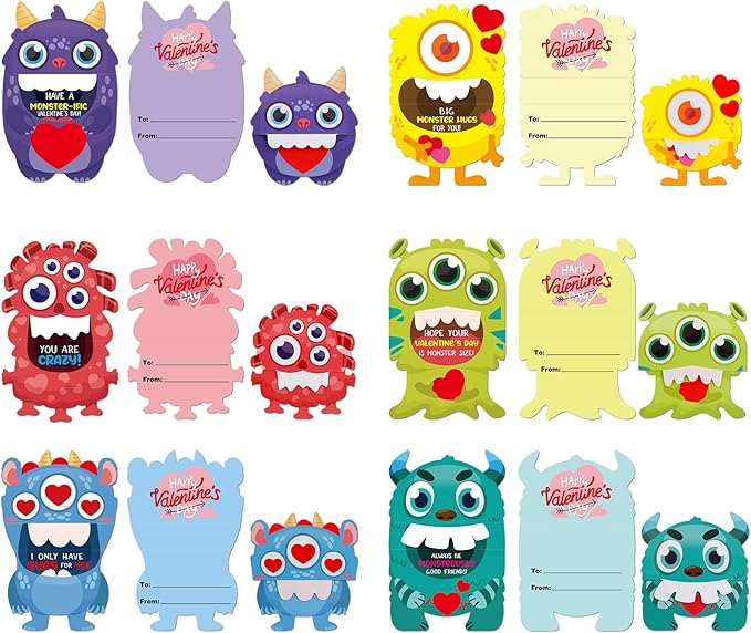 FaCraft Valentines Cards for Kids 24PCS Valentine's Day Gifts Card with Envelope Funny 3D Foldable Monster Valentine Exchange Cards for Kids Boys Girls Classroom School Valentine Party Favors