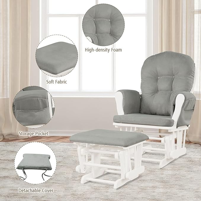 Costzon Nursery Glider with Ottoman, Upholstered Comfort Glider Rocker with Padded Cushion, Storage Pocket, Solid Wood Base, Rocking Chair Nursery for Breastfeeding, Maternity, Napping (Light Gray)