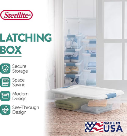 Sterilite 18-Pack Latching Box, Under Bed Storage Bins with Lids, Clear Plastic, 32 Quart - Heavy-Duty Organizing Containers for Closet, Bathroom, and Office