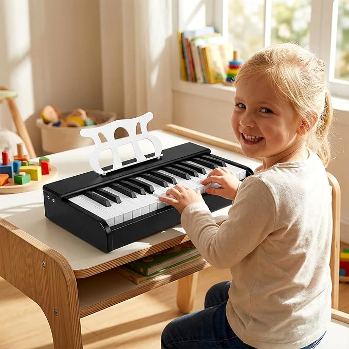 HONEY JOY Wooden Kids Keyboard Piano, 30 Keys Digital Electronic Piano for Kids, Early Learning Educational Musical Instrument, Baby Music Toy for 3+ Years Old Toddlers Boys Girls (Black)