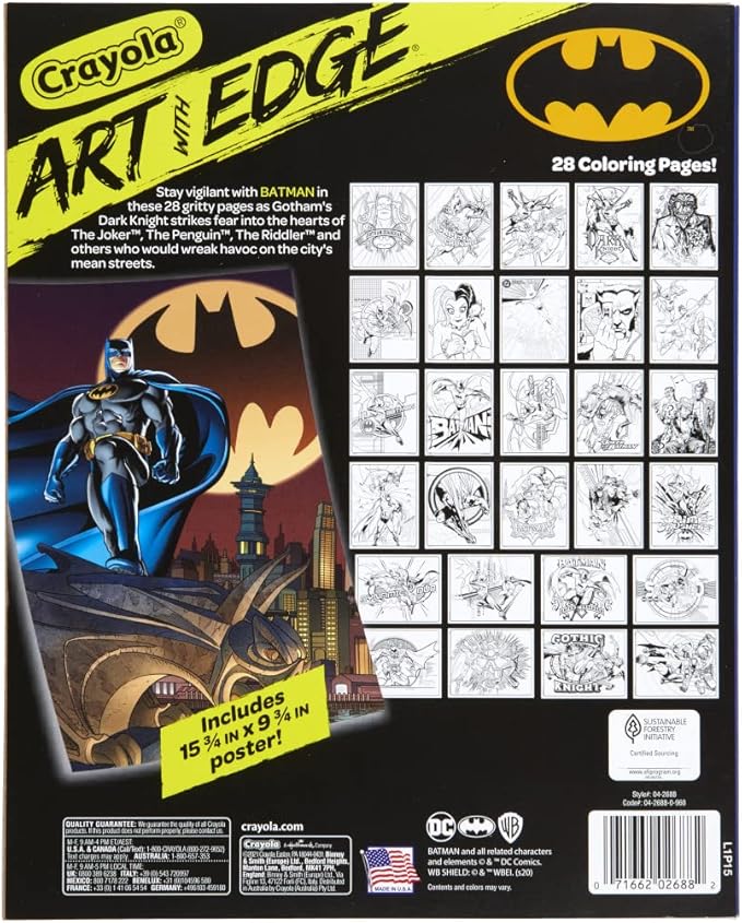 Crayola Art with Edge Batman Coloring Pages (28pgs), Includes 1 Batman Poster, Adult Coloring, Batman Collectable, Batman Gift