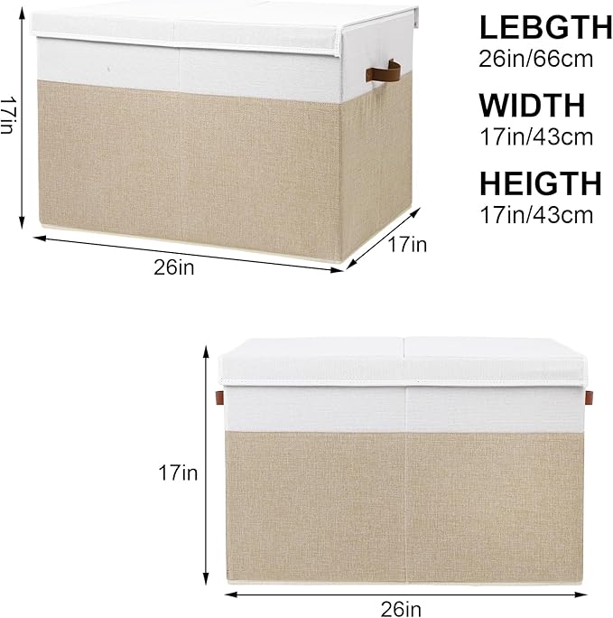 Gowee Large Toy Storage Box with Lid, Sturdy Toys Storage Chest Bin Organizer Basket with Dividers for Kids, Boys, Girls, Nursery, Closet, Bedroom, Playroom 26"x17" x17" (Beige and White)