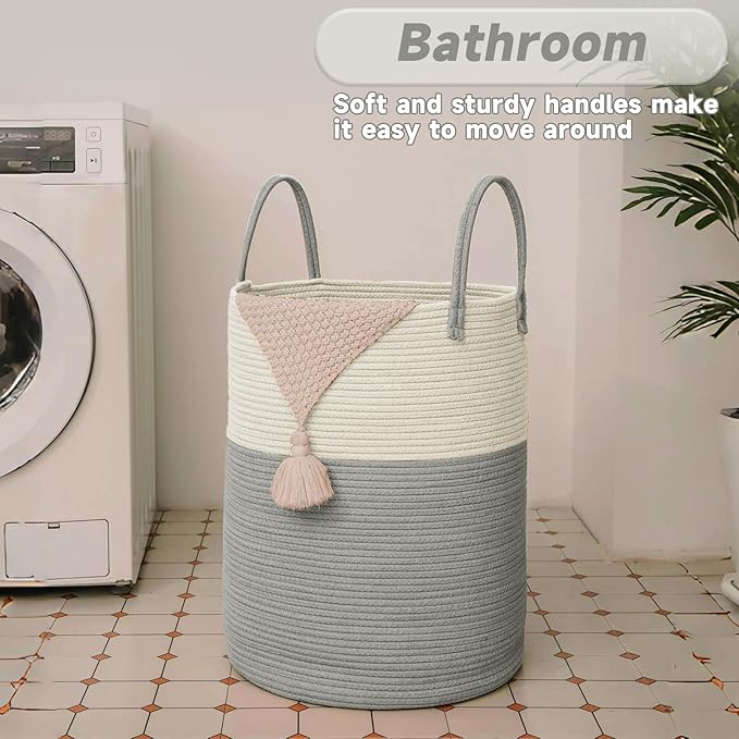 JMvicyroam Large Woven Laundry Basket Hamper,100L Cotton Rope Storage Bin for Blankets,Toys and Clothes,Decorative Tall Nursery Hamper for Living Room,Baby Nursery,Bathroom and Bedroom,White and Grey