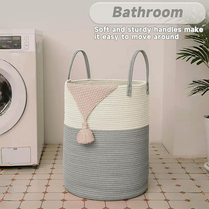 JMvicyroam Large Woven Laundry Basket Hamper,80L Cotton Rope Storage Bin for Blankets,Toys and Clothes,Decorative Tall Nursery Hamper for Living Room,Baby Nursery,Bathroom and Bedroom,White and Grey